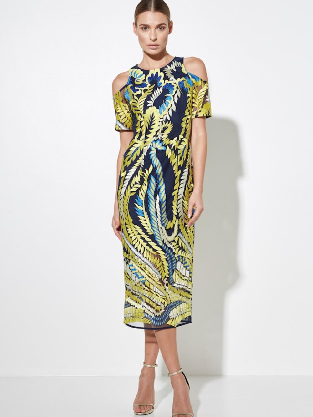 MOSSMAN Hummingbird Cold Shoulder Shift Midi Dress Yellow Navy Print US Size 10